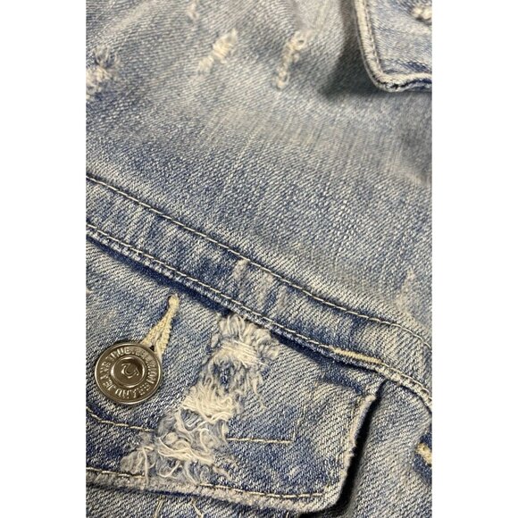 True Religion Blue Denim Distressed Chain Statement Jacket Sz S Biker - Picture 5 of 9
